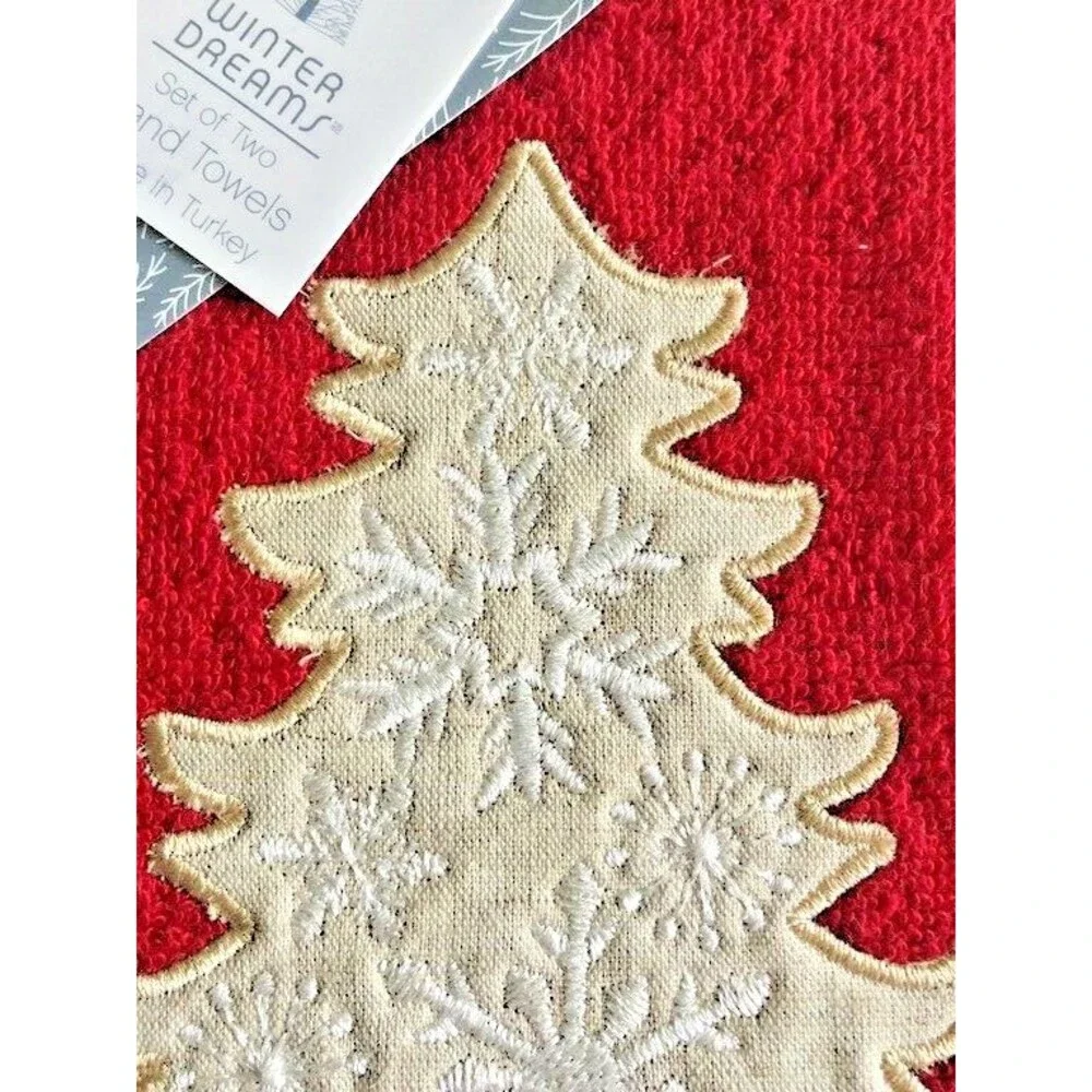 Christmas Tree Hand Towels Snowflake Appliqued Holiday Embroidered Red Set of 2